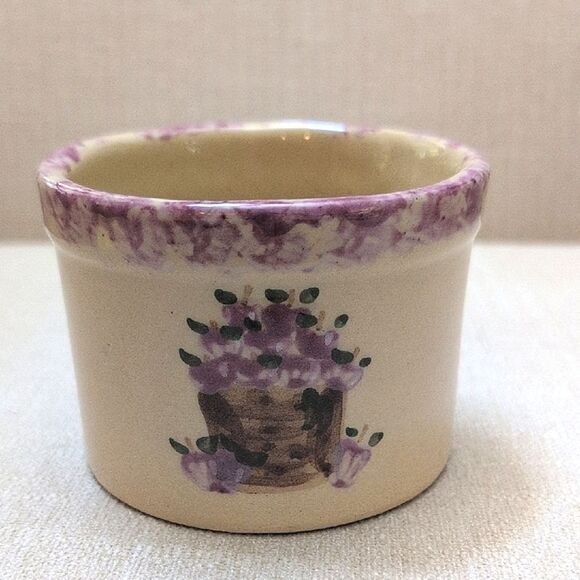 Handcrafted Alpine Pottery Mini Crock Cream and Purple Bowl Planter Vintage - Picture 1 of 8